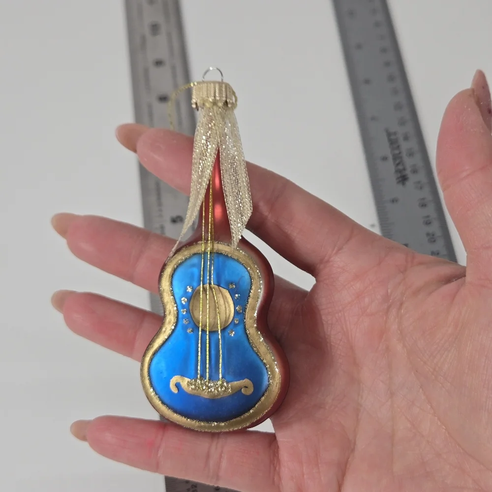 VTG Mercury Glass Hand Painted Mandolin Music Instruments Guitars ‎ Red Blue MCM